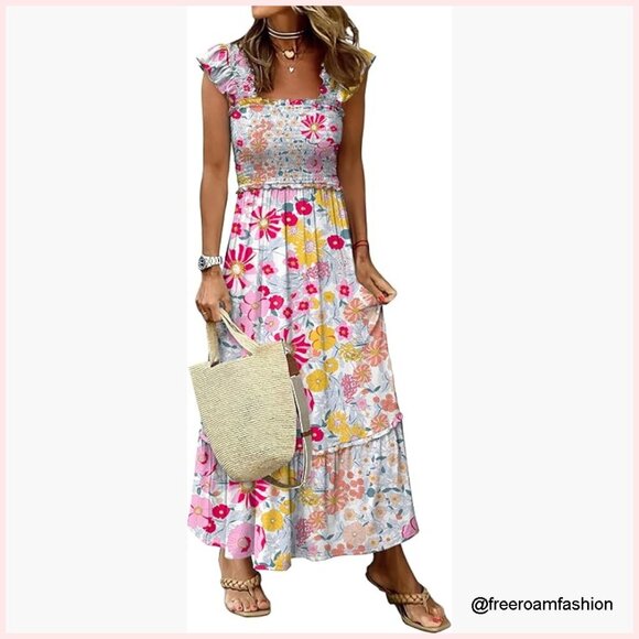 Dresses & Skirts - Sleeveless Maxi Dress Square Neck Smocked Boho Casual Ruffle Strap Flowy A-Line